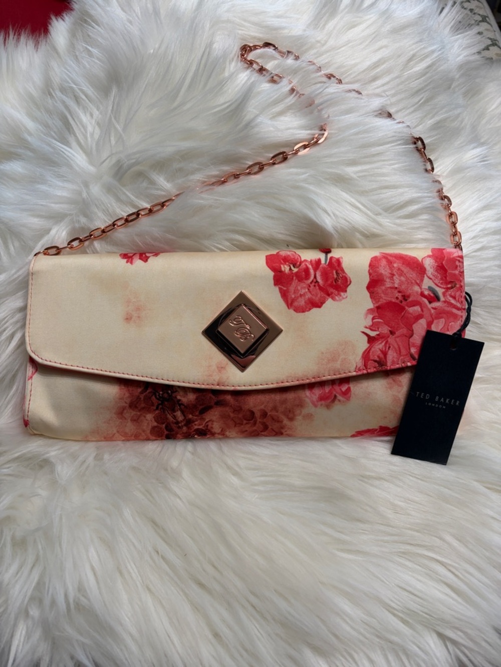 Ted Baker Cream Clutch with Pink Floral Print and Rose-Gold Chain